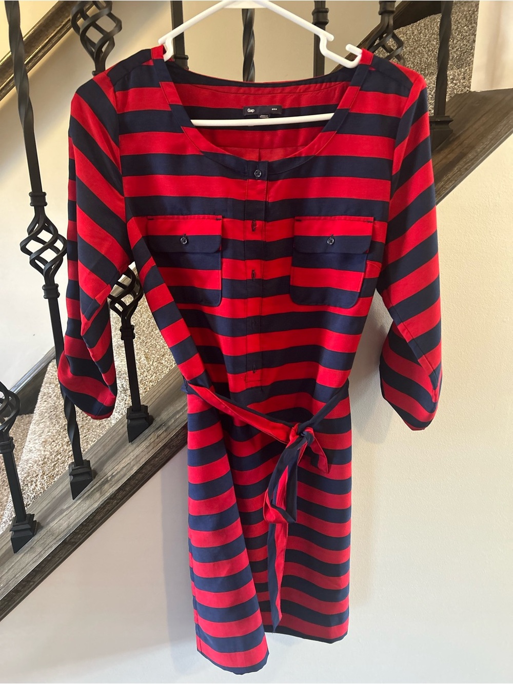 GAP Red and Navy Striped Midi Dress with Tie Waist